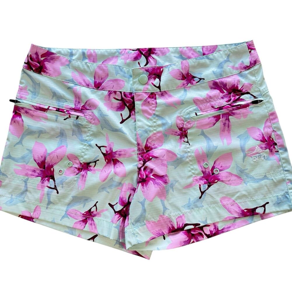 5Fin By Aftco Dolphin Floral Print Rip Stop Board Shorts Sz 8 Zip Pockets NEW